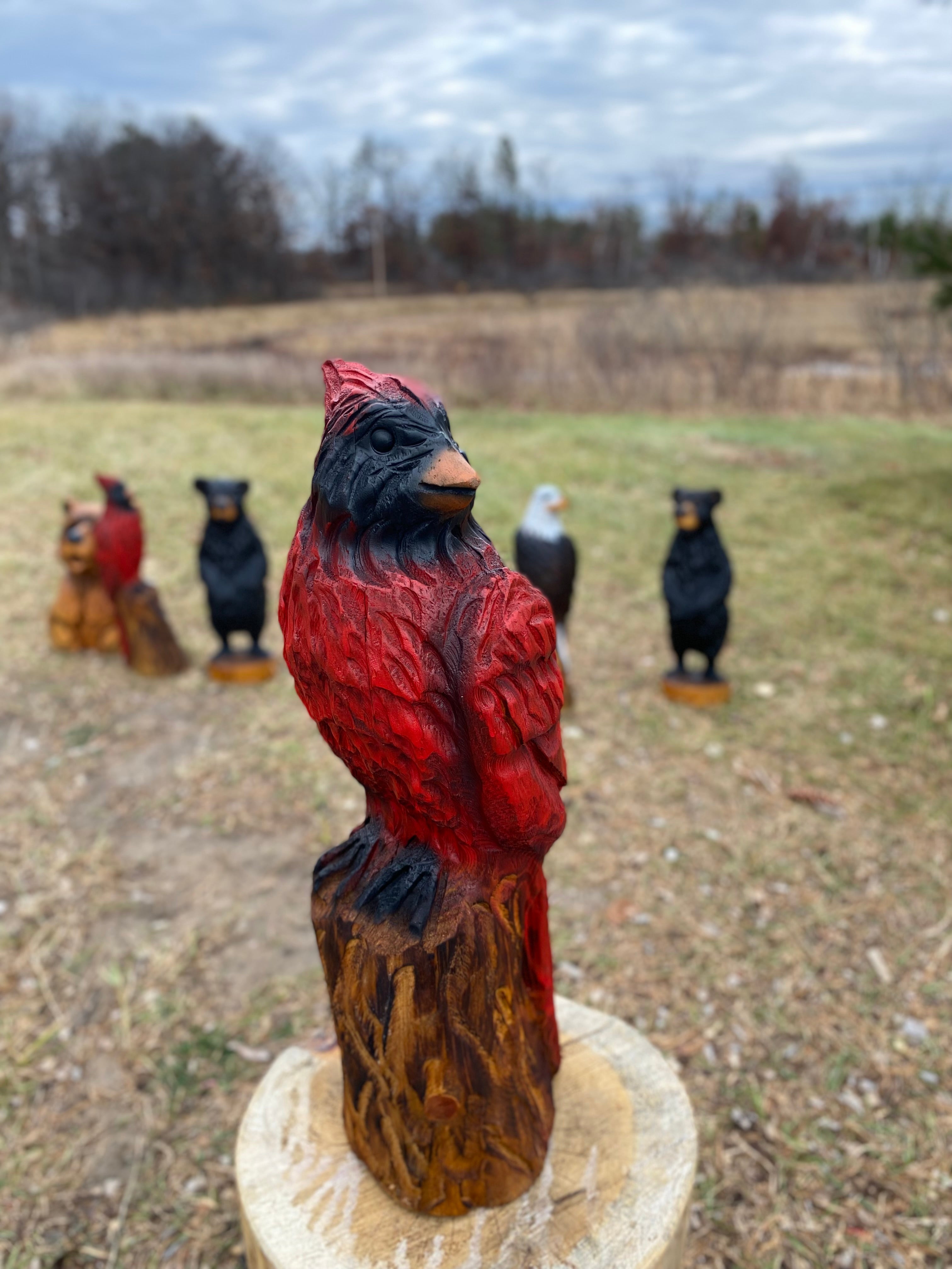 Cardinal Wood Carving Statue Garden Handmade Animal Sculpture